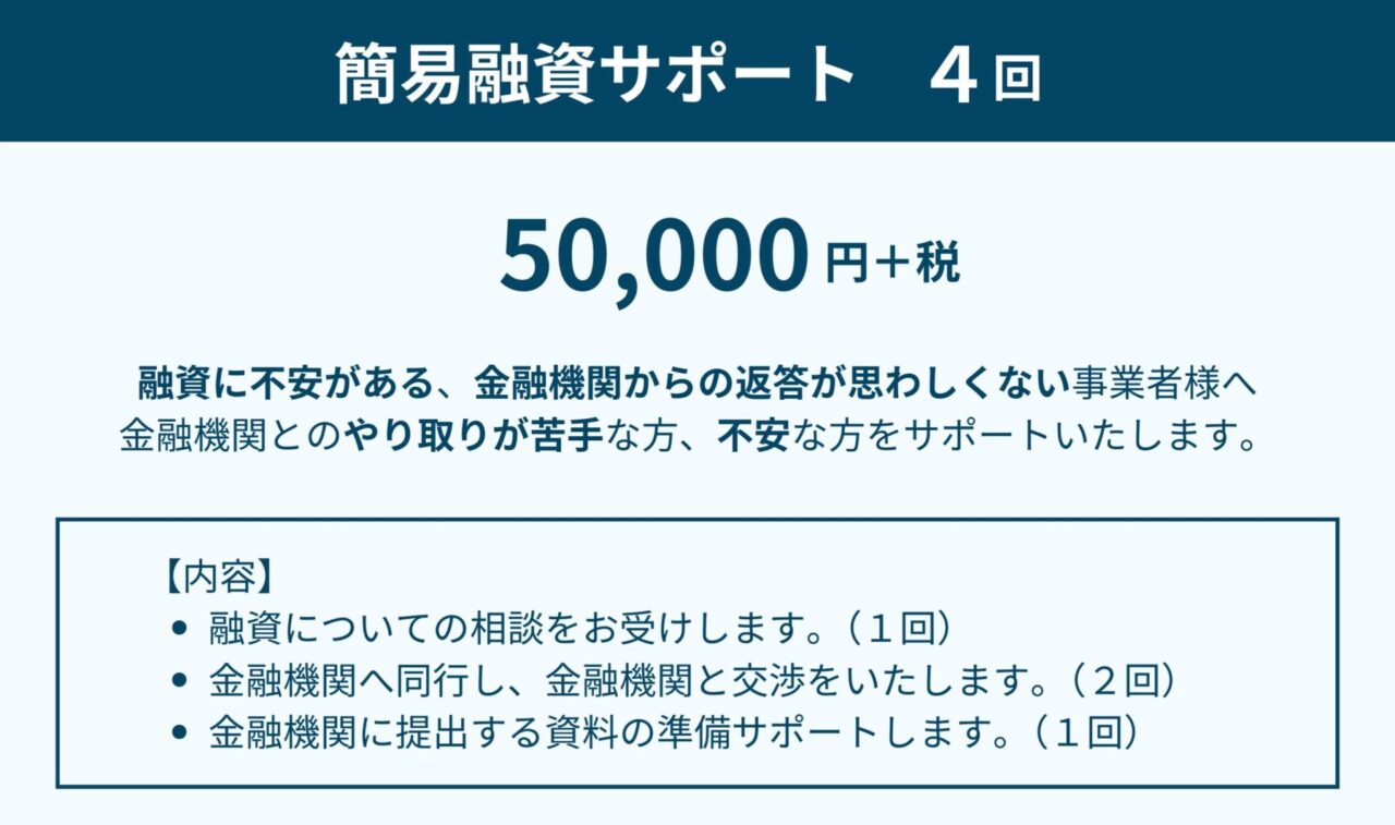 簡易融資サポートの説明です。料金は４回で五万円＋税です。
融資に不安がある、金融機関からの返答が思わしくない事業者様向けサービスです。金融機関とのやりとりが苦手な方、不安な方をサポートいたします。