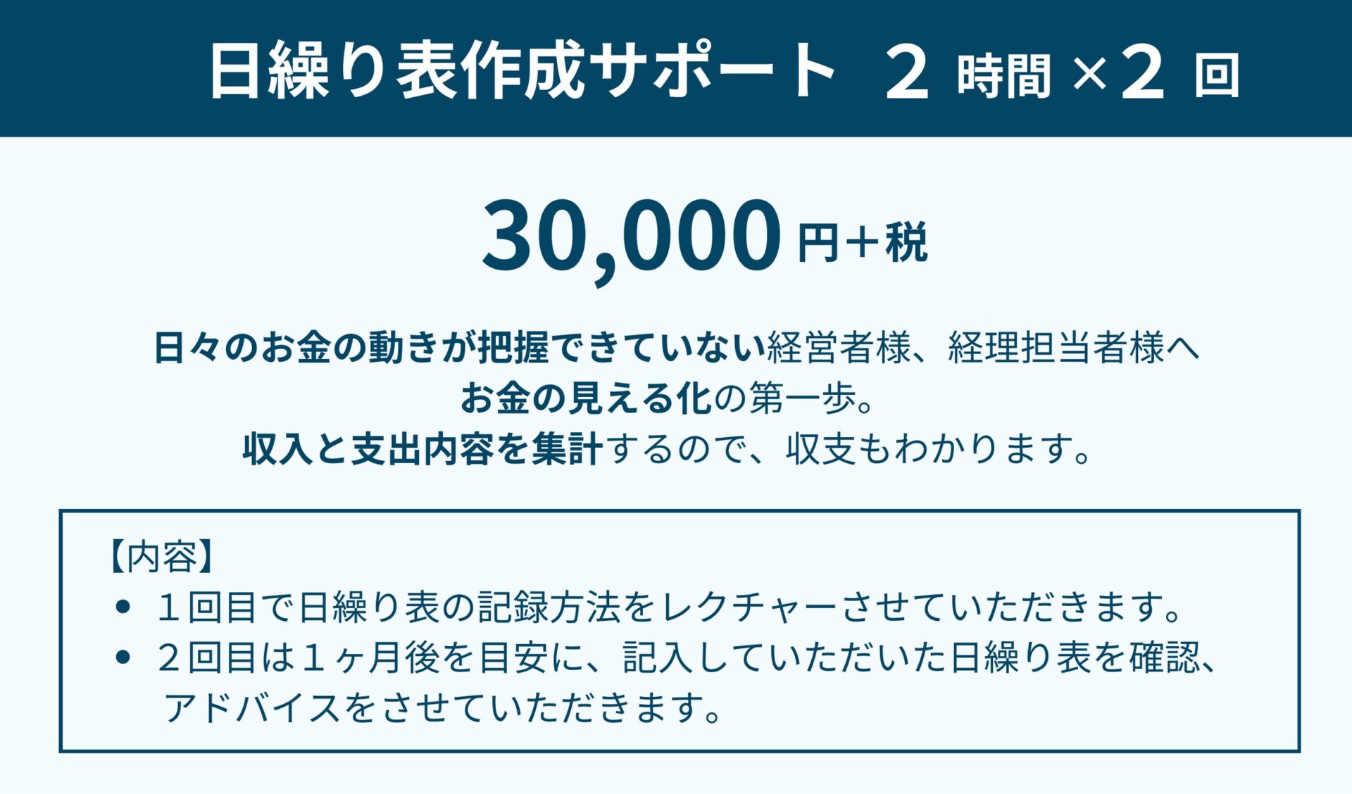 日繰り表作成サポート（２時間×２回）は３万円＋税金です。
日々のお金の動きがが把握できない経営者様、経理担当者様向けサービスです。お金の見える化の第一歩となります。収支と支出内容を集計するので、収支もわかるようになります。